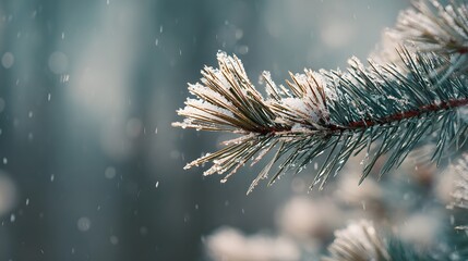 Close Up of Frozen Pine Needles Covered in White Hoarfrost