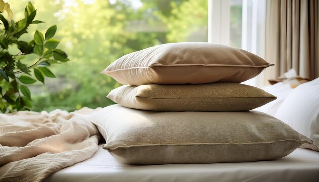 stacked neutral toned pillows sit on a white bed with a window and foliage in the background