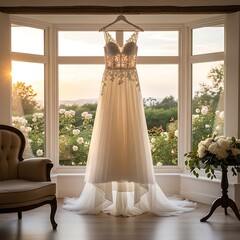 Elegant Wedding Dress Displayed in Bright Window Setting.
