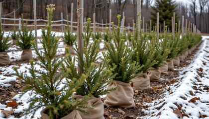Fir saplings planted in burlap sacks, snow mottled nursery row