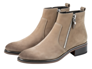 Stylish pair of beige suede ankle boots featuring prominent silver side zippers on transparent background