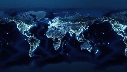 World map with glowing cities at night, global network and communication concept.