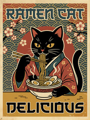 black cat eating ramen with chopsticks