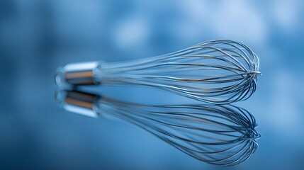 Close-up of a stainless steel whisk on a reflective blue surface, culinary tool.
