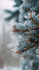 Close Up of Frozen Pine Needles Covered in White Hoarfrost