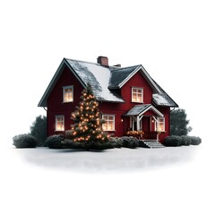Red Scandinavian house decorated with Christmas lights and snow on white background