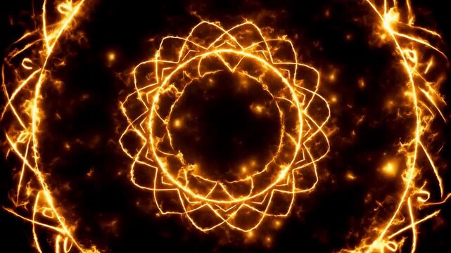 Supernatural fire ring forming itself layer by layer with burning runic symbols around the perimeter, cinematic 4k render.