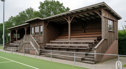 Wooden Structure with Seating and Steps on Green Field.