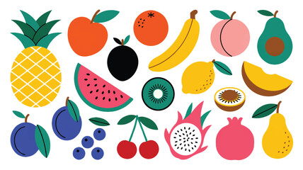 Seamless vector illustration set featuring a healthy collection of cartoon fruits and berries including apple, strawberry, banana, and pineapple in a sweet pattern