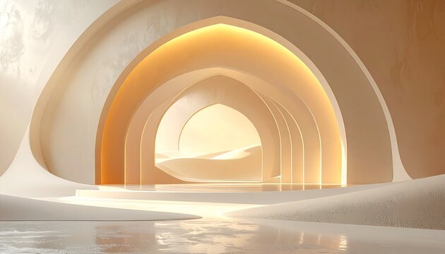 An ancient stone arch in the sky frames a medieval palace corridor where golden light illuminates the historic architectural columns and the entrance to an old European cloister - Powered by Adobe