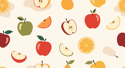 Obraz premium Colorful seamless vector pattern featuring a variety of fresh fruits, including red and green apples, apple slices, and citrus oranges, on a light background.