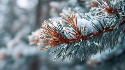 Close Up of Frozen Pine Needles Covered in White Hoarfrost