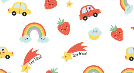 Obraz premium Cute and colorful seamless pattern for kids, featuring cartoon cars, smiling strawberries, rainbows, and shooting stars with a 'Dear Friend' message.