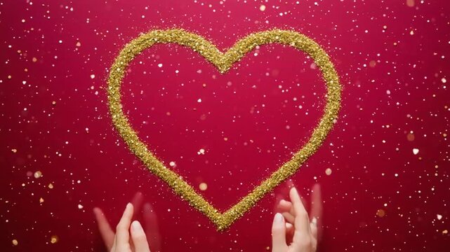 Lujoso coraz&oacute;n grande de oro texturizado y purpurina sobre fondo p&uacute;rpura intenso. Un peque&ntilde;o coraz&oacute;n dorado pulido cuelga en el centro rodeado de confeti brillante y destellos de luz.