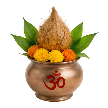 Auspicious Puja Kalash with Coconut and Flowers Used in Indian Ceremonies