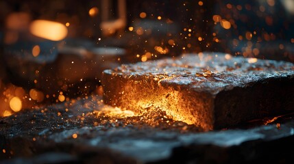 Close-up of glowing metal during the forging process with sparks flying everywhere.