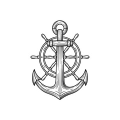 Vintage style nautical anchor and ship's wheel illustration, hand-drawn in black and white, symbolizing maritime adventure and stability. © Dimas