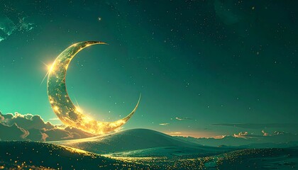 A dark starry night sky reveals a bright full moon and distant galaxy over a fantasy landscape with blue clouds and celestial light