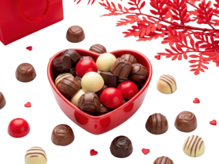 Assorted chocolates in a red heart-shaped box isolated on transparent background