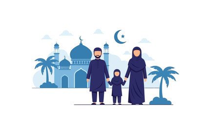 Joyful Muslim family celebrates the sacred month of Ramadhan, standing united before a beautiful mosque, an illustration of peace, faith, and cultural traditions