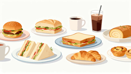 Illustration of assorted sandwiches pastries and drinks