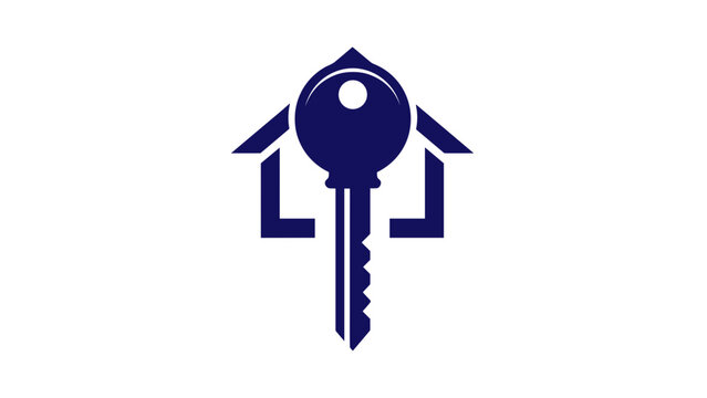 A dark blue silhouette logo featuring a house outline with a key integrated into its design, symbolizing home security or real estate.