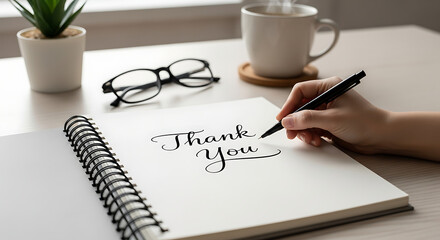 Person writing thank you on a notepad next to a cup of coffee