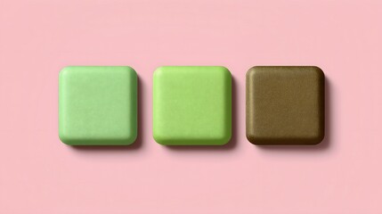 Set of mint, green, lime, and bronze square plastic foil sheets on pale pink background