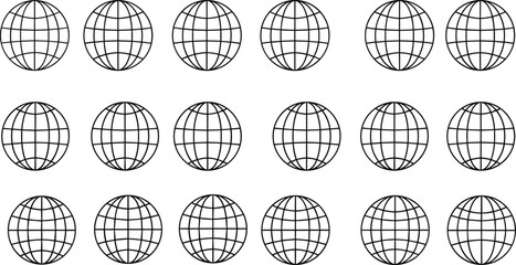 Black Outline Globe Grid Icon Set Featuring Eighteen Minimalist World Spheres With Latitudinal and Longitudinal Lines for Global Connectivity and Logistics © Rakib 
