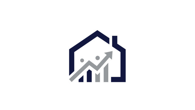 A stylized logo depicting a house with an upward trending bar chart and abstract human figures, symbolizing real estate growth and community investment.