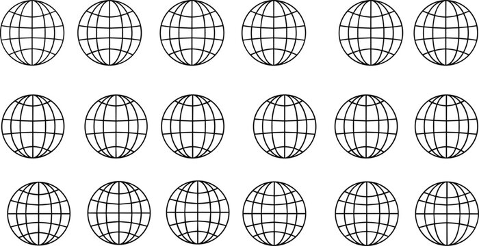 Black Outline Globe Grid Icon Set Featuring Eighteen Minimalist World Spheres With Latitudinal and Longitudinal Lines for Global Connectivity and Logistics