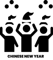 Chinese new year celebration with people wearing traditional hats and throwing confetti in air celebrating asian lunar holiday with friends and family