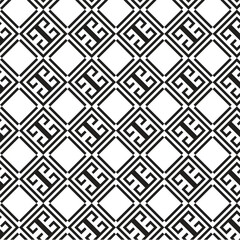 Black and white seamless geometric pattern with Greek key elements and diamond shapes. Ideal for luxury backgrounds, wallpaper, textile design, packaging, branding, and classic decor