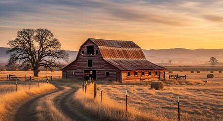 Rustic Barn at Sunset - A Serene Countryside Scene.