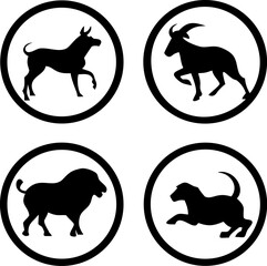Set of four circular black animal silhouettes encased in thick black rings featuring a cow a goat a bull and a dog suitable for chinese zodiac themes
