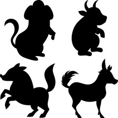 Four different black animal silhouettes including a dog a boar a fox and a deer like creature representing various styles and shapes on a checkered background