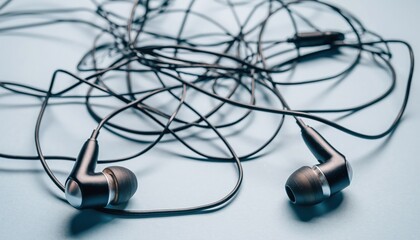 Wired Earphones with Tangled Cables on Minimal Background