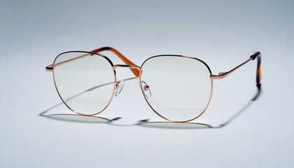 Pair of wire-rimmed eyeglasses with clear lenses, casting a subtle shadow on a white background