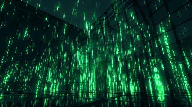 A Glowing Digital Landscape with Cascading Green Code Revealing a Futuristic Environment of Virtual Reality and Cyber Elements in Motion