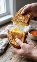 Hands holding a hot grilled cheese sandwich with melted cheese stretch