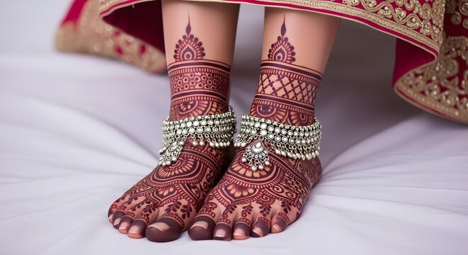 Traditional Indian bride's feet decorated with detailed henna me