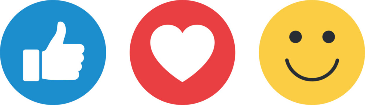 Set of three colorful social media reaction icons featuring thumbs up like heart and smiley face emoji for user engagement.