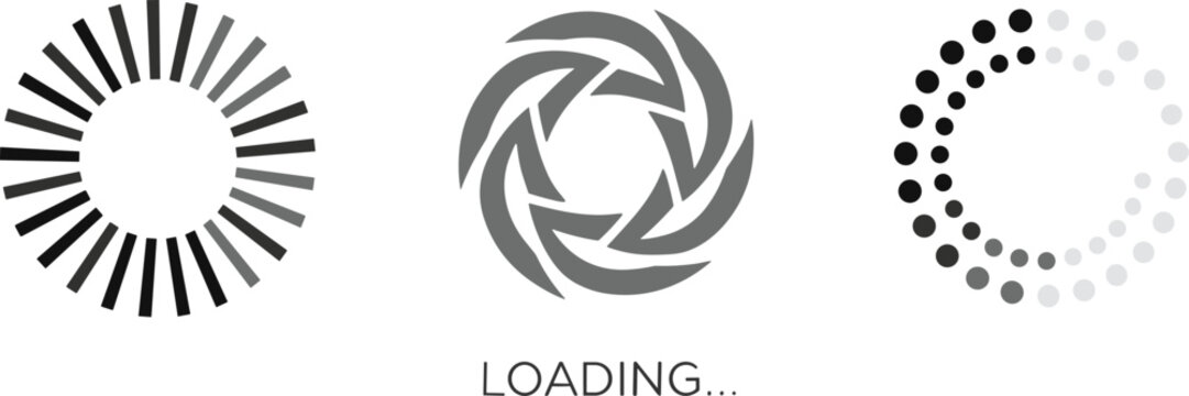 Set of three professional loading and progress indicators featuring radial bars vortex and dotted ring styles for UI activity status.