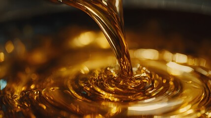 Close-up shot of golden liquid pouring into a pool, creating ripples and reflections.