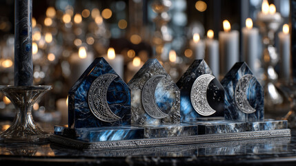 Close-up of a moon phase altar display, crescent to full moon symbols arranged in sequence, silver accents and dark velvet textures, cool lunar lighting, mystical feminine energy a