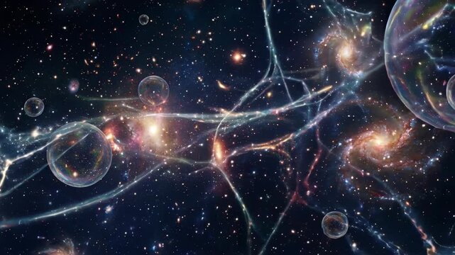 Cosmic nebulae and galaxies interconnected by shimmering cosmic strings with translucent bubbles floating in deep space