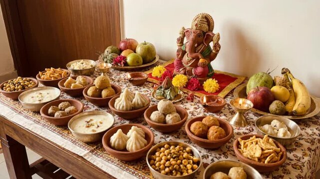 Devotional Ganesh Idol Surrounded By Assorted Indian Sweets Fruits And Snacks On A Table With Floral Decorations