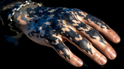 Close-up of a dark blackwork tattoo on a manâs hand, bold abstract shapes and negative space, matte ink finish, veins and knuckle details visible, dramatic moody lighting