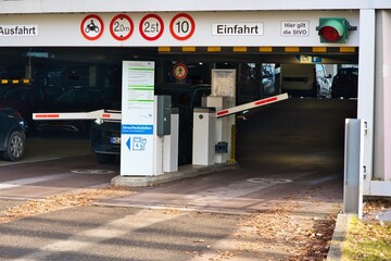 Entrance to a public parking garage. Concept of mobility in cities.

