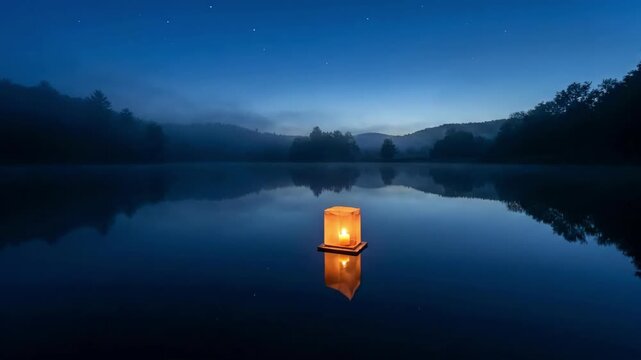 Mystical 4K Slow Motion Floating Water Lantern Drifting on Tranquil Lake at Dark Nightfall